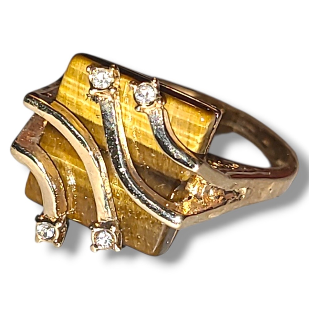 Vintage CCI 18K HGE Tiger Eye Ring Rhinestone Accent Modernist Statement Sz 10